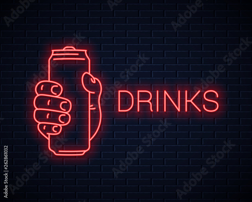 Hand hold can neon sign.Holding aluminium red