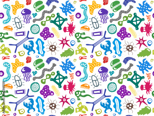 Various microorganisms seamless pattern. Backdrop with infectious germs, protists, microbes, disease causing bacteria, viruses. Biodiversity plankton. Colorful vector illustration