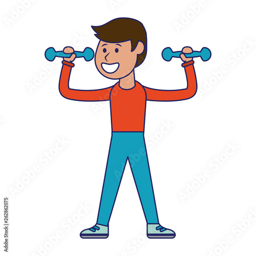Fitness man lifting dumbbells blue lines