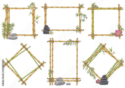 Vector sketch bamboo frame with zen pebble set