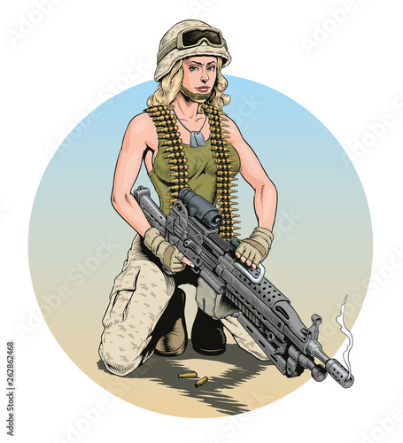 Beautiful sexy blond woman isolated holding machine gun