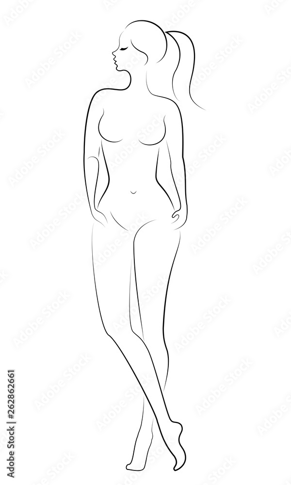 Naklejka premium Silhouette of a sweet graceful lady. The girl has a beautiful slim figure. A woman is standing. Vector illustration.