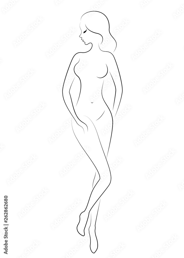 Naklejka premium Silhouette of a sweet graceful lady. The girl has a beautiful slim figure. A woman is standing. Vector illustration.