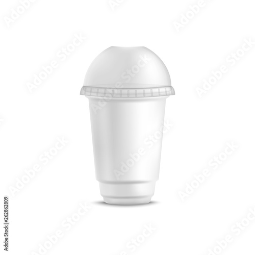 White disposable plastic cup for cold beverage with round dome lid