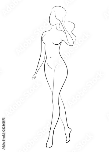 Silhouette of a sweet graceful lady. The girl has a beautiful slim figure. A woman is standing. Vector illustration.