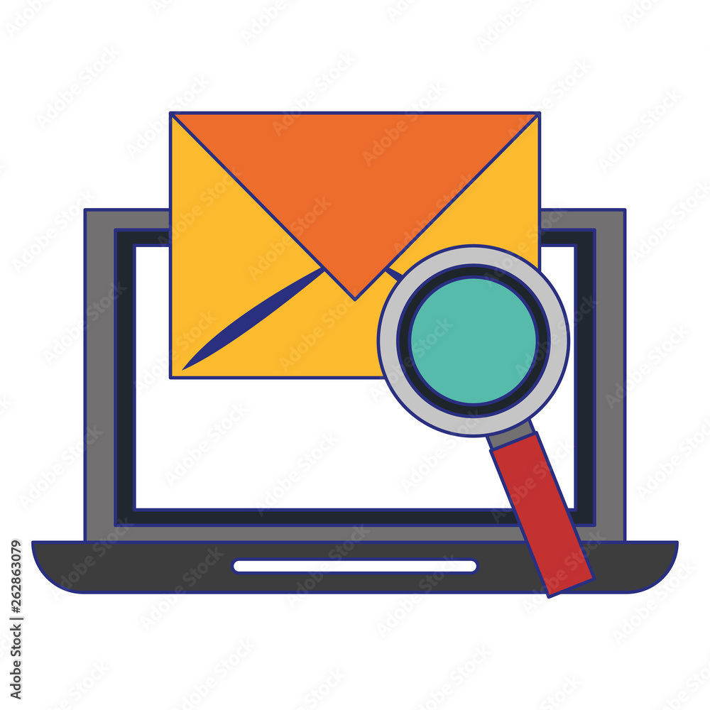 Laptop email and magnifying glass blue lines Laptop email and magnifying glass blue lines