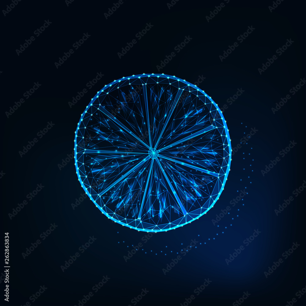 Glowing low polygonal slice of lemon isolated on dark blue background. Glowing low polygonal slice of lemon isolated on dark blue background.