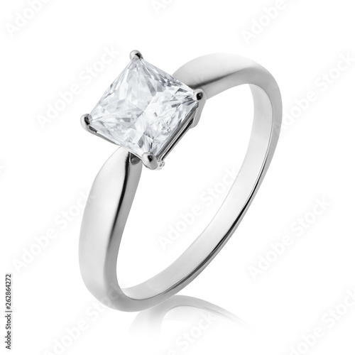 Beautiful white gold engagement ring with a diamond, isolated on a white background. Photo taken by stacking