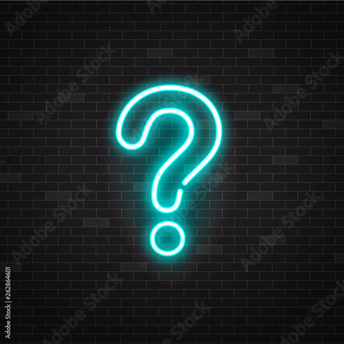 Blue glowing outline neon question mark or sign on black background.