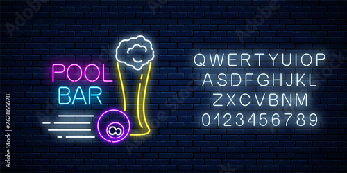 Glowing neon sign of bar with pool including glass of beer and billiard ball with alphabet. Signboard of pub