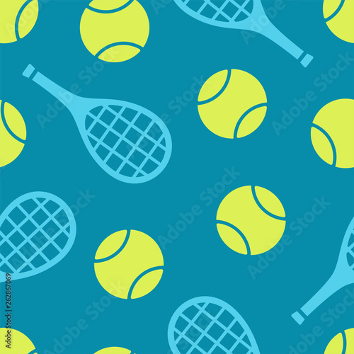 Tennis ball and racquet seamless vector pattern. Colorfull print in flat style