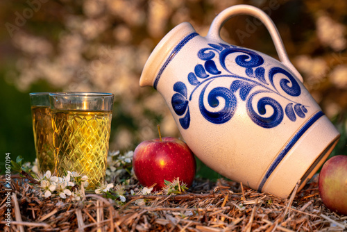 Traditional German Apple Wine from the Hesse Region. Wine in an old jug