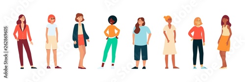 Different races women standing in casual cloth background flat vector isolated.