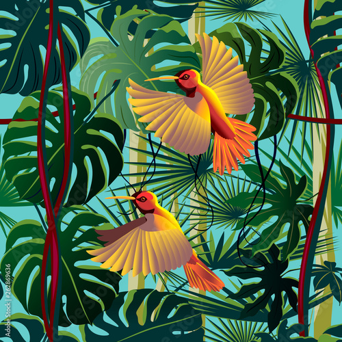 Flying hummingbirds in the thickets of a flowering rainforest.