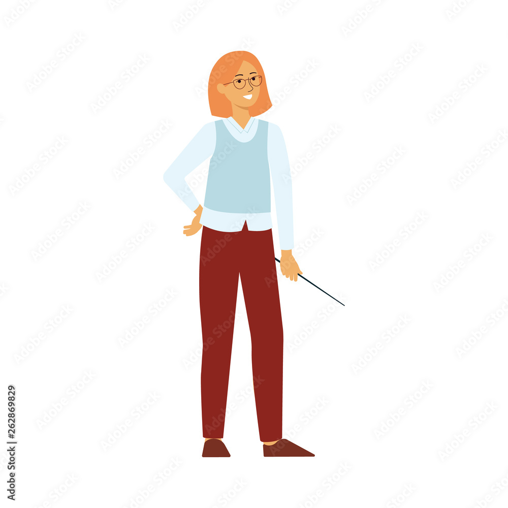 Full length professional teacher woman with pointer flat vector background.