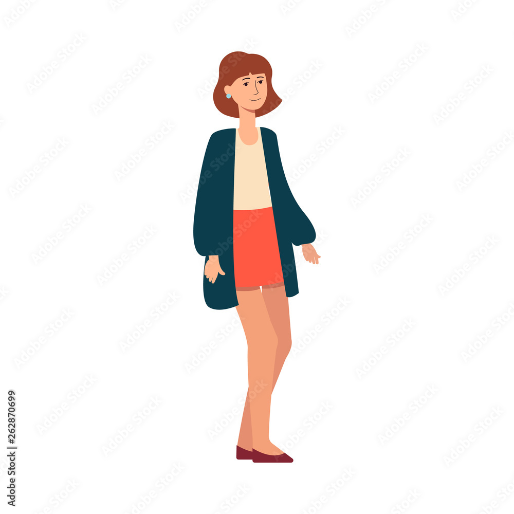 A europioid caucasian woman with fair white skin stands and smiles. A europioid caucasian woman with fair white skin stands and smiles.
