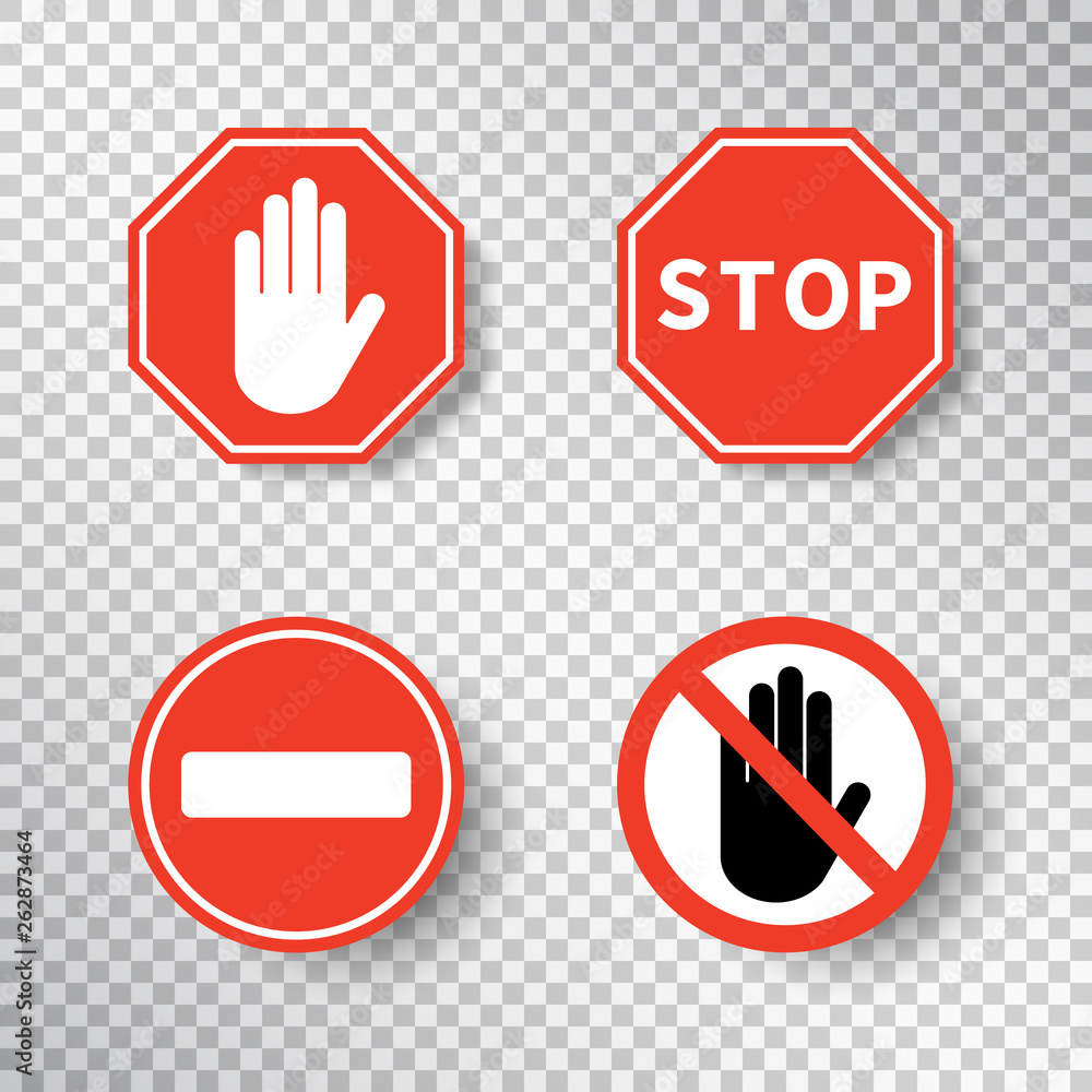Stop sign and no entry hand symbol set isolated on transparent background. Red road signs. Traffic regulatory warning stop symbol. Notify template for apps and websites. Vector illustration Stop sign and no entry hand symbol set isolated on transparent background. Red road signs. Traffic regulatory warning stop symbol. Notify template for apps and websites. Vector illustration