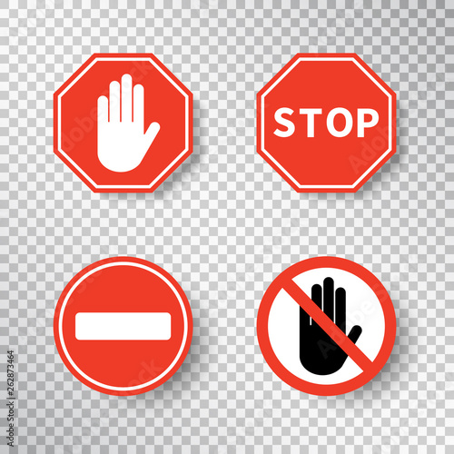 Stop sign and no entry hand symbol set isolated on transparent background. Red road signs. Traffic regulatory warning stop symbol. Notify template for apps and websites. Vector illustration