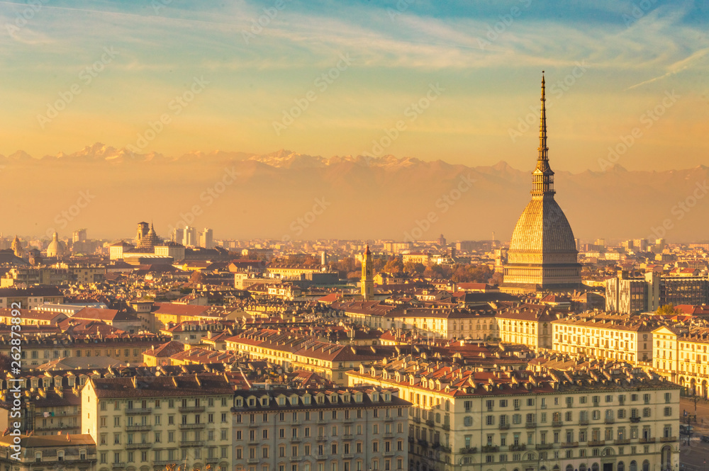 Beautiful cityscape of Turin with Mole Antonelliana, Italy