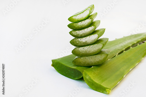 Aloe vera fresh leaves with slices isolated on white background.