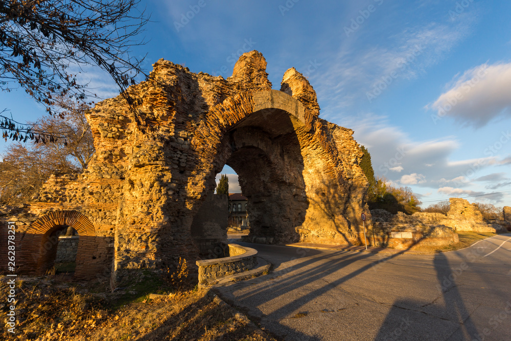 Sunset view of The South gate know as The Camels at roman fortifications in ancient city of Diocletianopolis, town of Hisarya, Plovdiv Region, Bulgaria