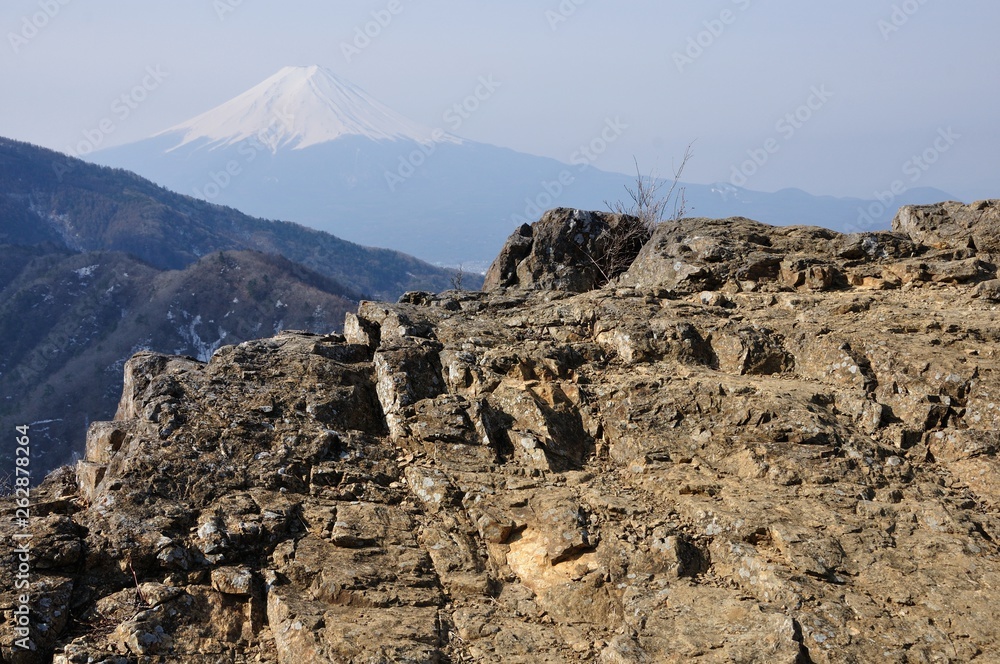 本社ヶ丸山頂と三ツ峠山と富士山