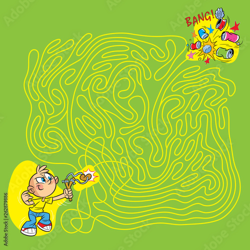 On vector illustration maze puzzle in which a boy bully shoots a slingshot at the tins