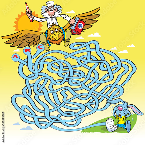 On vector illustration labyrinth, a puzzle with a cartoon doctor aybolit, which hurries to the aid of a sick little hare