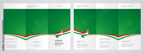 Wavy flag and ribbon of Hungary three fold brochure modern design green abstract background
