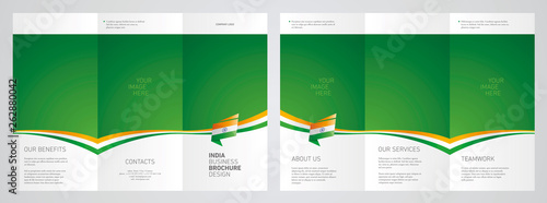 Wavy flag and ribbon of India three fold brochure modern design green abstract background