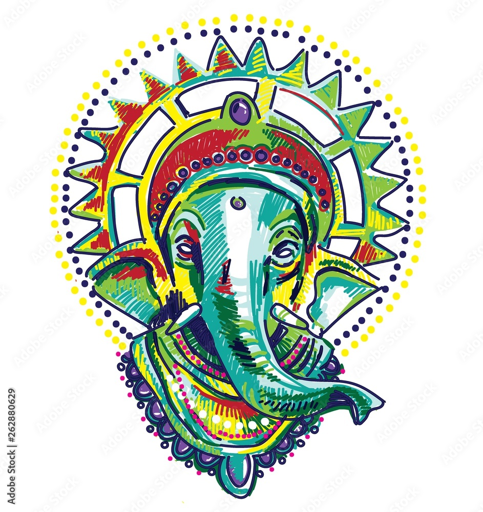 God Ganesh. Multicolored stylish sketch. Elephant head, Nirvana print, yoga. God Ganesh. Multicolored stylish sketch. Elephant head, Nirvana print, yoga.