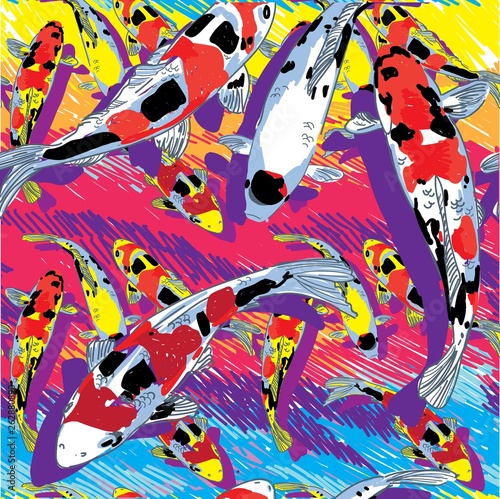 Seamless pattern with koi carps. Fish in the pond. Multi-colored carps. Stylish pattern, Japanese pattern.