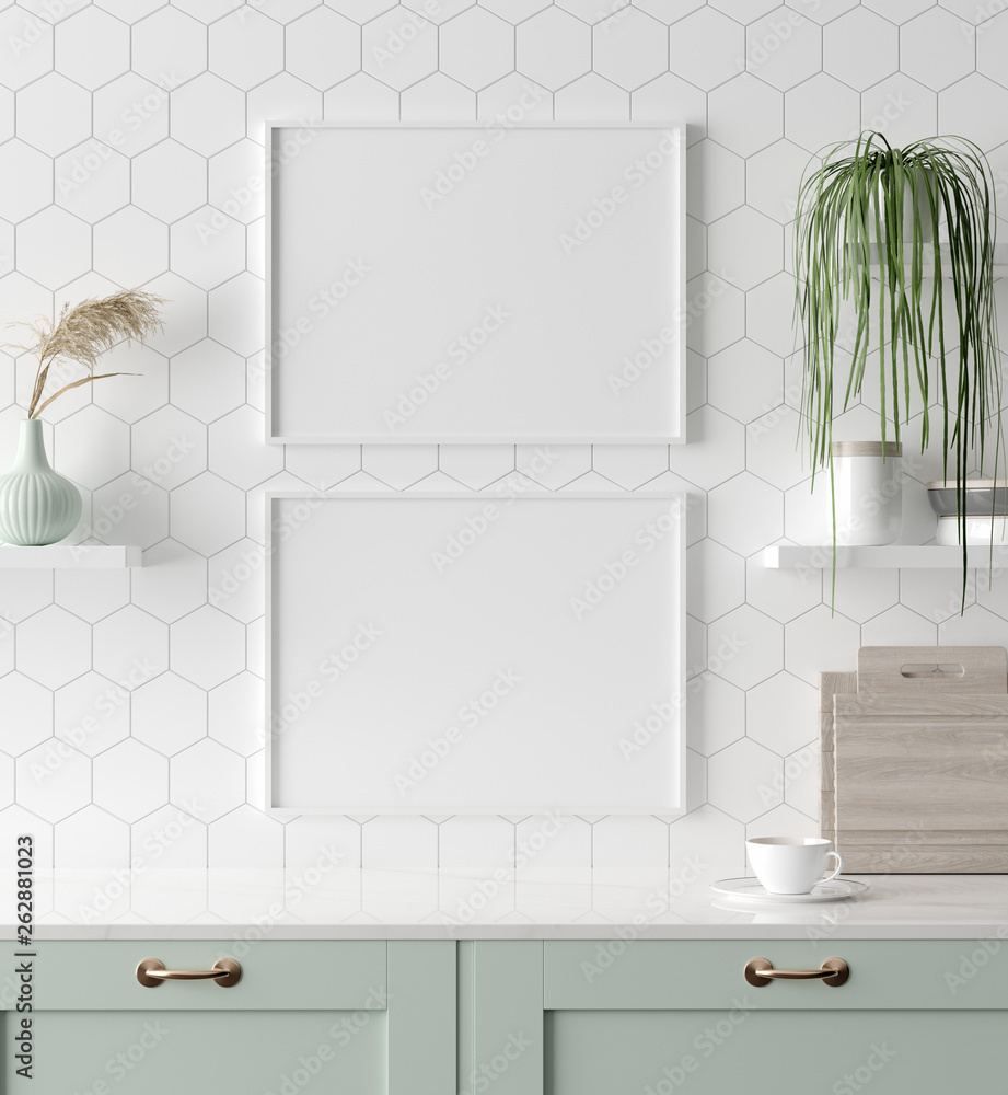 Mock up poster frame in kitchen interior, Scandinavian style, 3d render - obrazy, fototapety, plakaty 