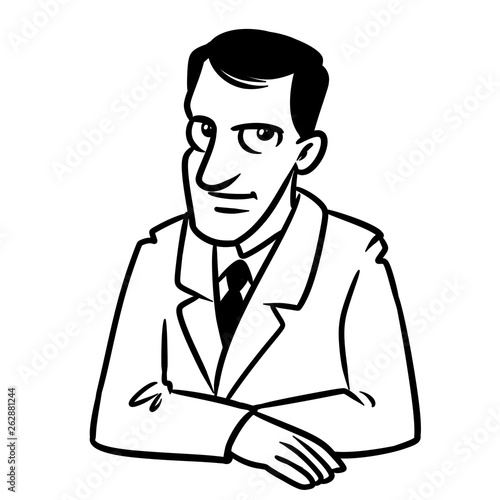 Businessman brunette smile portrait sitting table cartoon illustration isolated image coloring page