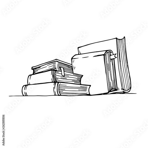 Sketch books. Ink drawing vintage open book and books pile. School education and library doodle vector symbols. Education book sketch, pile of literature drawing illustration - Vector illustration