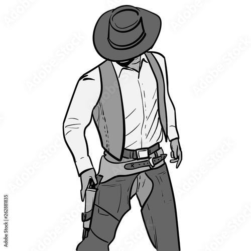 Man with cowboy hat and gun. Western Gunfighter. Digital sketch hand drawing vector. Illustration.