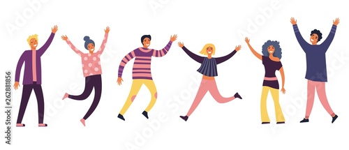 Group of young joyful laughing people jumping with raised hands isolated on white background. Happy positive young men and women rejoicing together. Colored vector illustration in flat cartoon style.