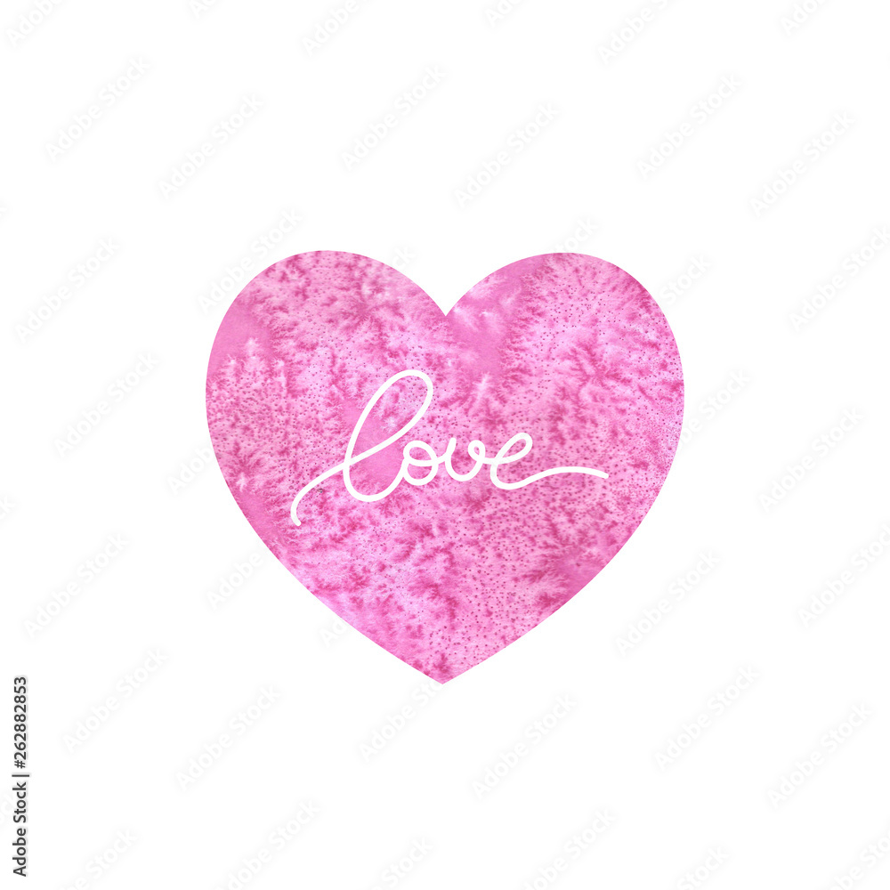 Pink textured watercolor heart with love lettering