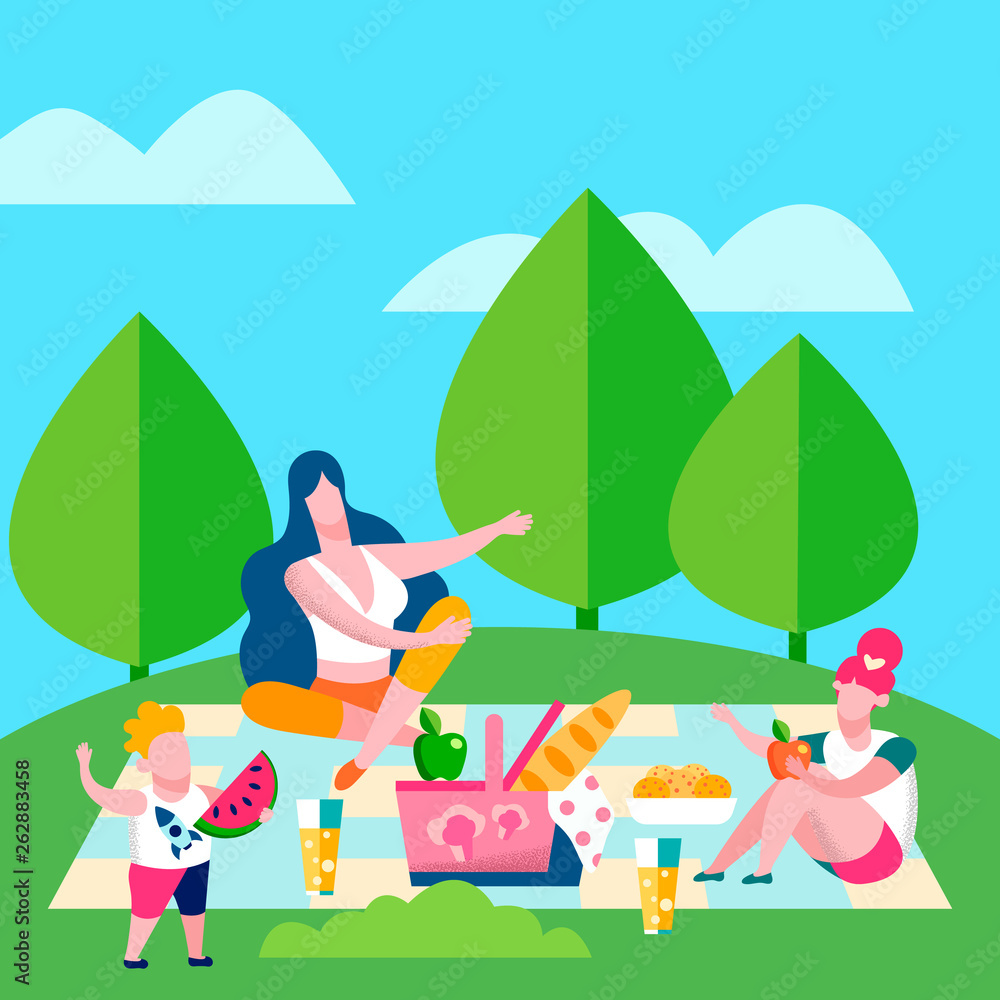 Mother and Kids Picnic, Flat Vector Illustration
