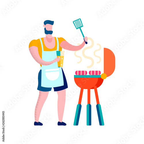 Man Grilling Sausages Flat Vector Illustration