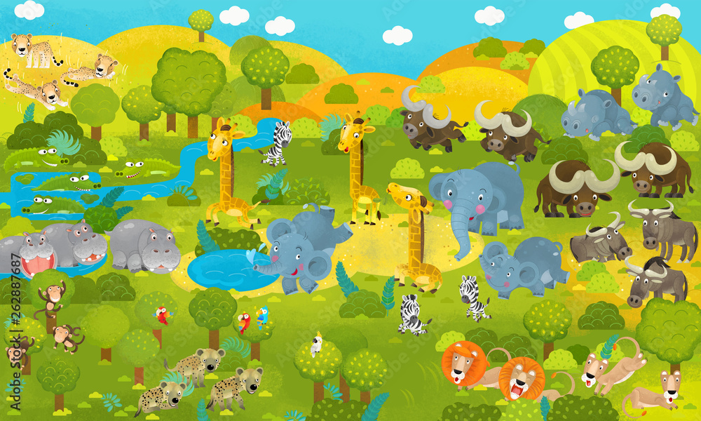 Obraz premium Cartoon scene with different safari animals - wildlife or zoo - illustration for children