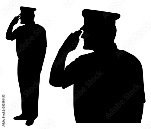 Soldier, officer, captain, admiral, policeman, sailor or firefighter saluting. Side view. 