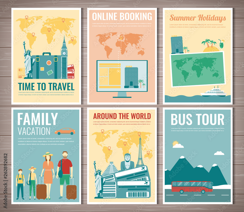 Travel and Tourism brochure set. Template of magazine, poster, book cover, banner, flyer. Vector