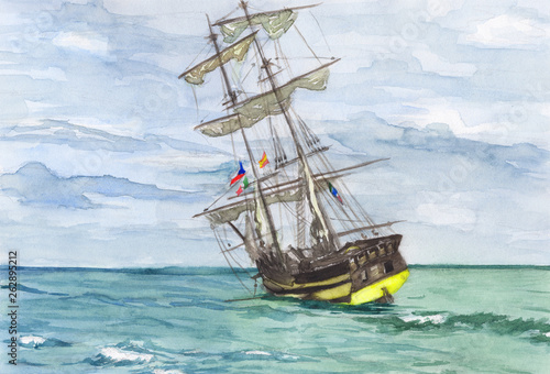 Watercolor painting - Sailer at the sea