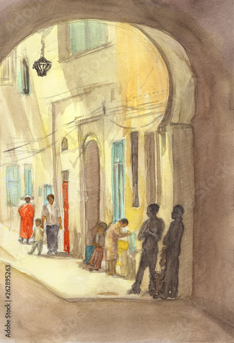 Watercolor painting - Street of Sidi Bou Said Tunisie 