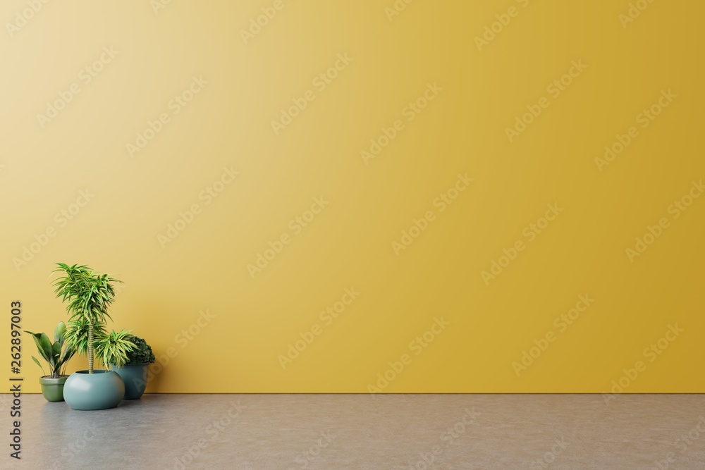 Empty room with plants mockup have wooden floor on yellow wall Background,3D  rendering Stock Illustration | Adobe Stock