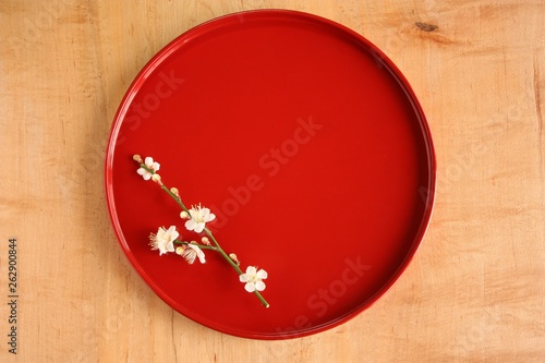 朱のお盆　梅 Japanese Red Tray photo