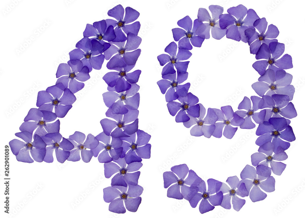 Numeral 49, forty nine, from natural blue flowers of periwinkle, isolated on white background