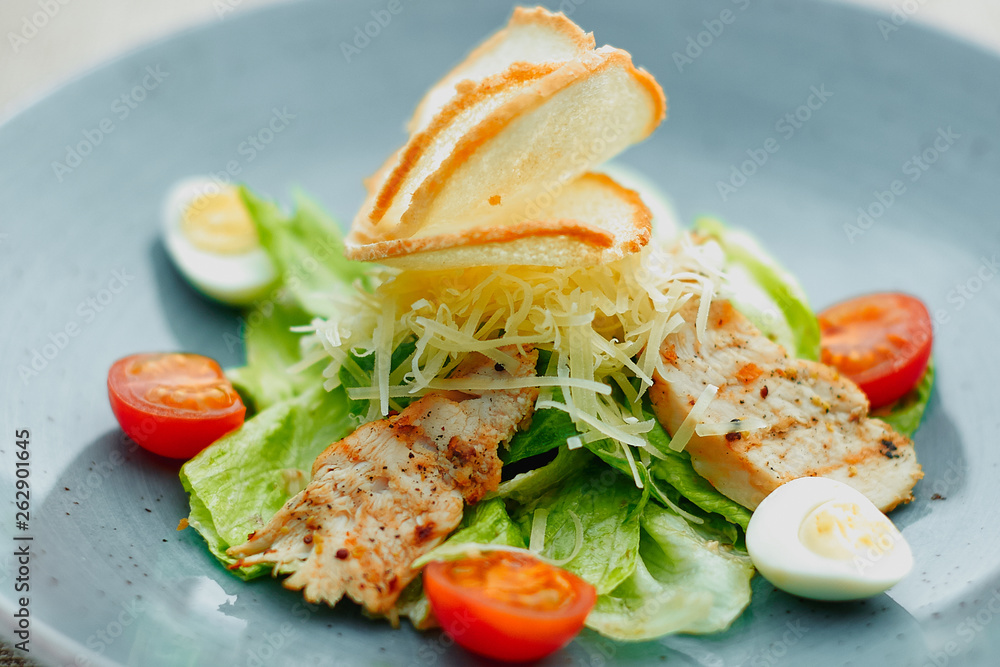 Gourmet Caesar Salad on a turquoise plate close-up. Caesar salad composed by the chef in a restaurant.