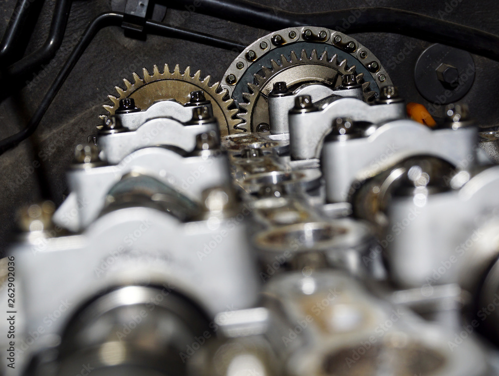 Internal design of car engine with mechanism Intake camshaft